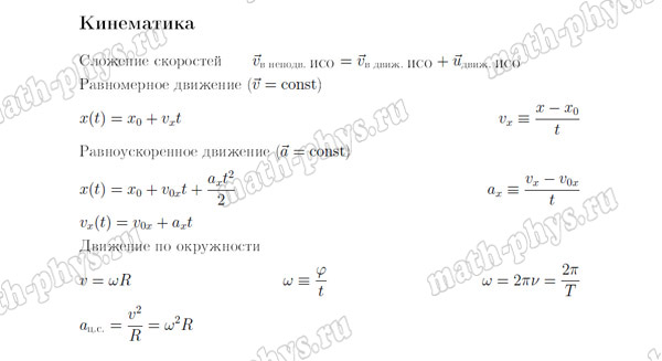 Физика: формулы по кинематике для подготовки к ЕГЭ